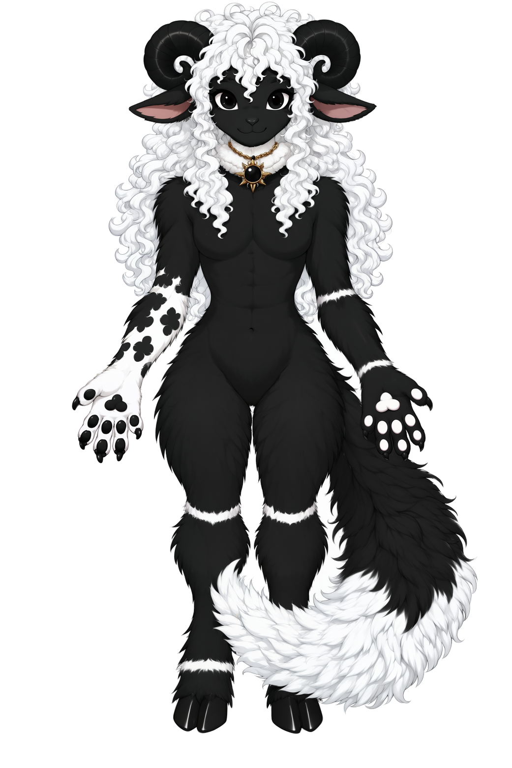 Solarisael, a black sheep with white curls, horns, a sun pendant, and a long tail