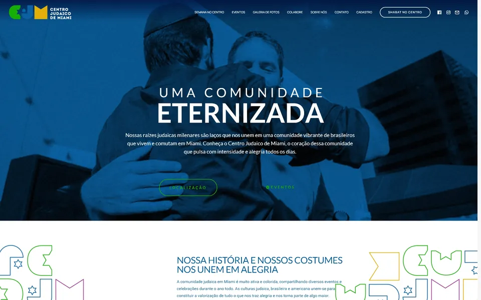 Centro Judaico landing page: a blue photo under the words “Uma comunidade eternizada”.