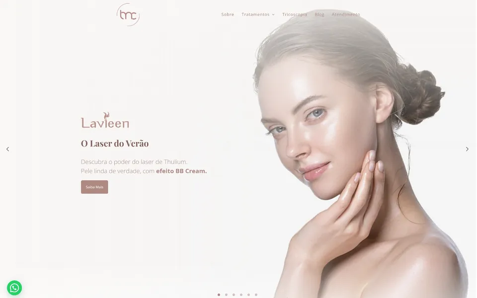 Dra. Livia Camargo home page: a soft portrait of a woman touching her cheek beside a laser treatment offer.