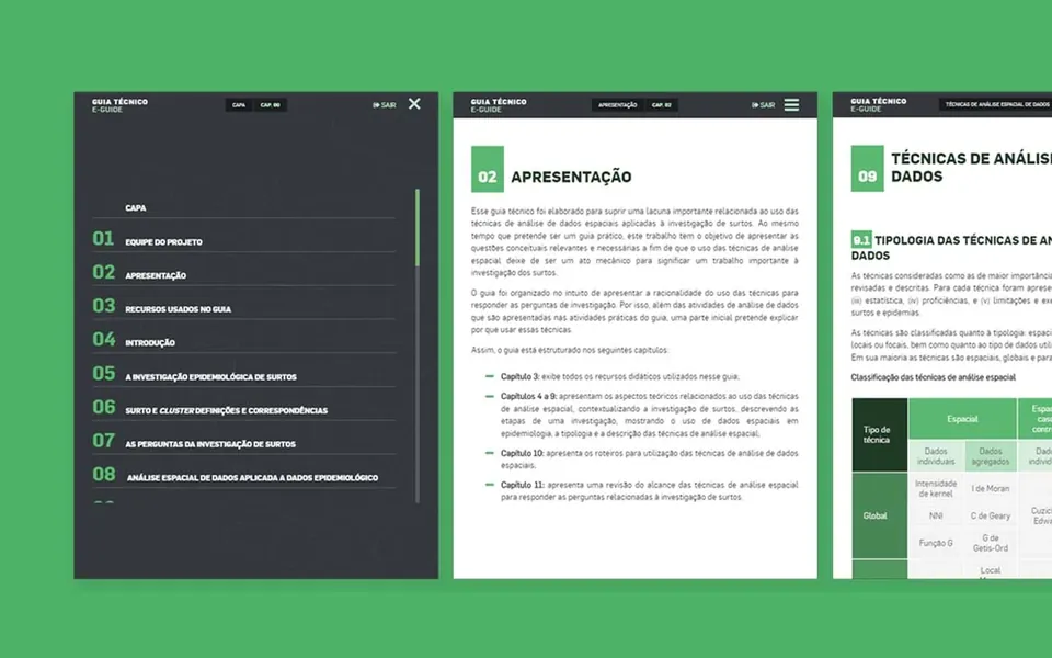 Fiocruz e-book screens: a green chapter index next to text and table pages.