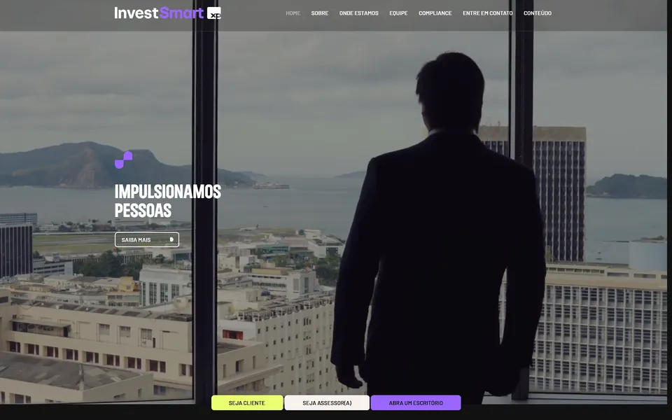 InvestSmart home page: a man in a suit looking out over Rio's bay from a high window.