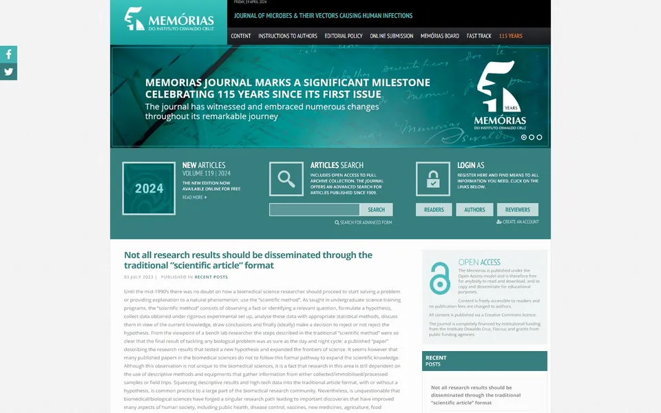 Memórias do Instituto Oswaldo Cruz home page: teal banner celebrating 115 years, with article tools and listings.