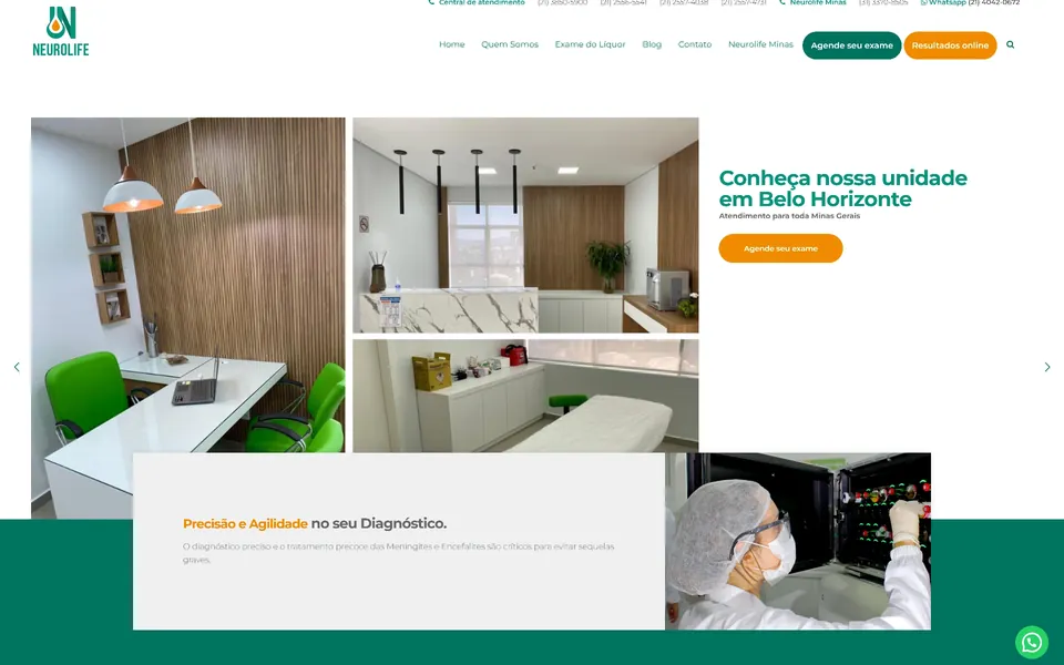 Neurolife home page: photos of bright clinic rooms and a lab technician beside a green call to action.