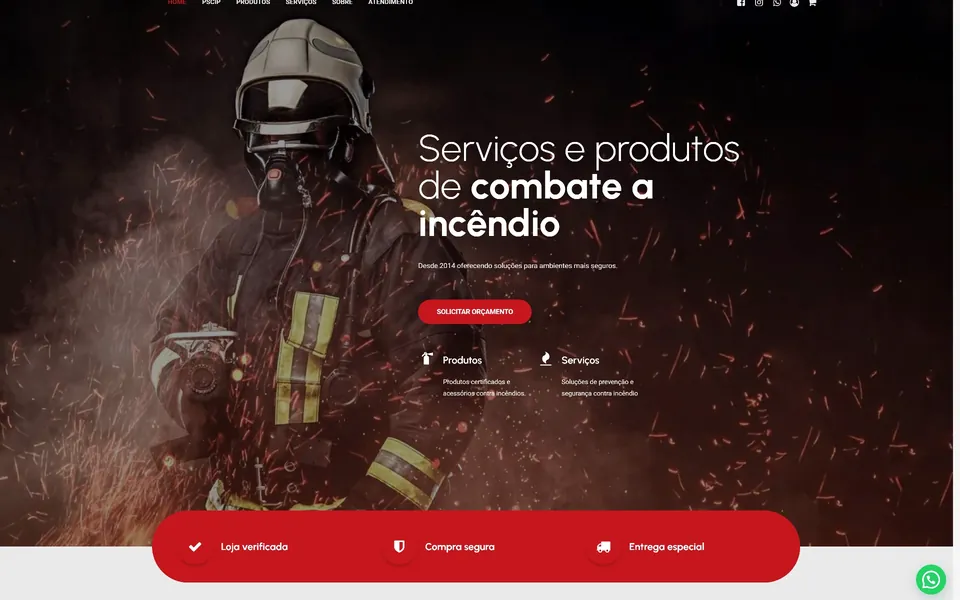 Resgate Fire home page: a firefighter in full gear beside “Serviços e produtos de combate a incêndio”.