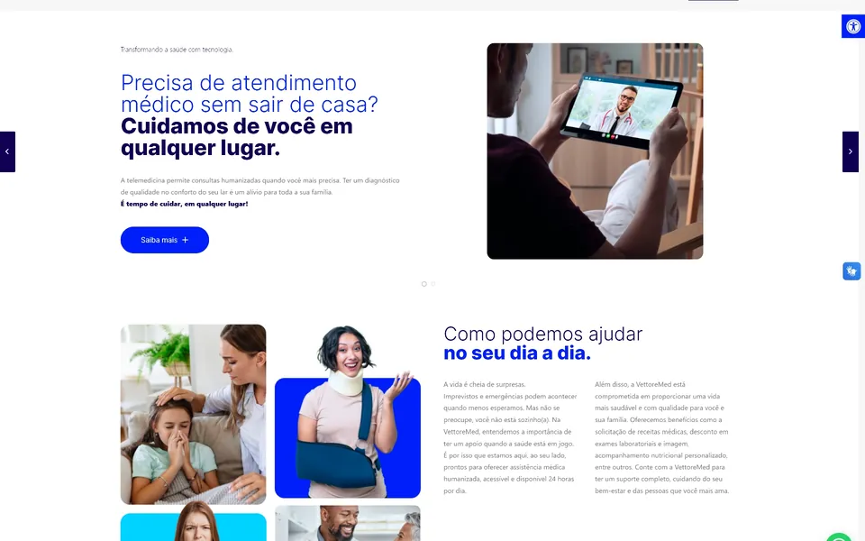 Vettore Med home page: a telemedicine offer beside a phone video call, with care photos below.