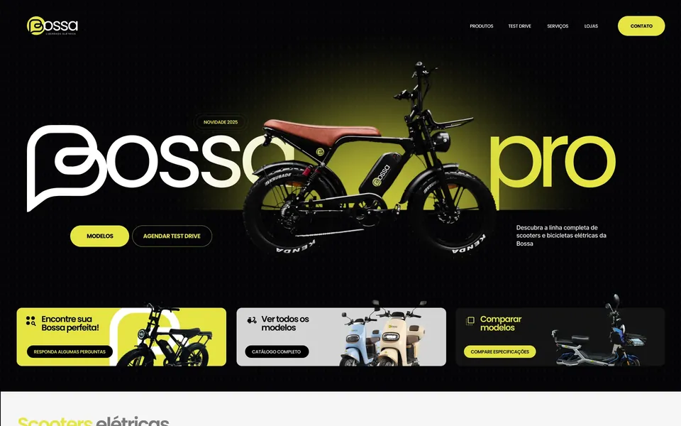 Bossa Elétrica store home: a yellow e-bike beside the word pro, with product categories below.