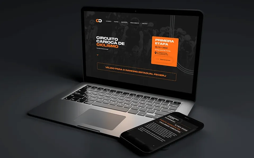 Circuito Carioca de Ciclismo site on a laptop and phone, black pages with orange event panels.