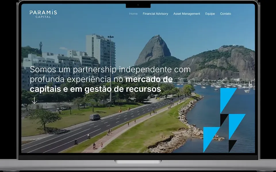 Paramis Capital site on a laptop: Rio de Janeiro skyline under the firm's blue geometric mark.