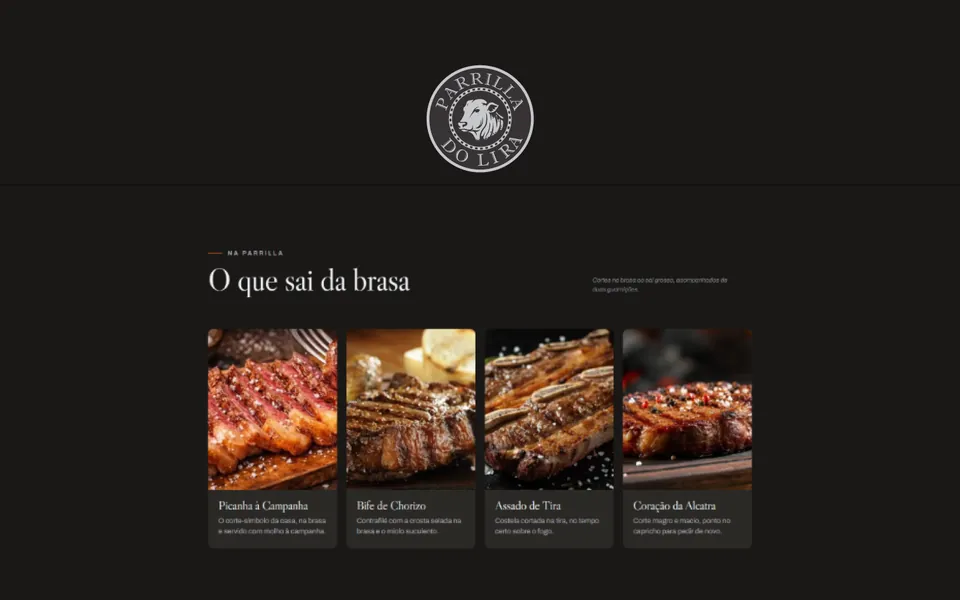 Parrilla do Lira site: a dark page under the round emblem, with a row of grilled-meat photos.
